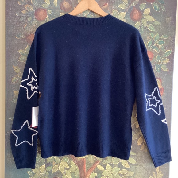 Cynthia Rowley 100% 2-Ply Cashmere Navy Red/White Stars Embroidered Sweater XL - Picture 5 of 14